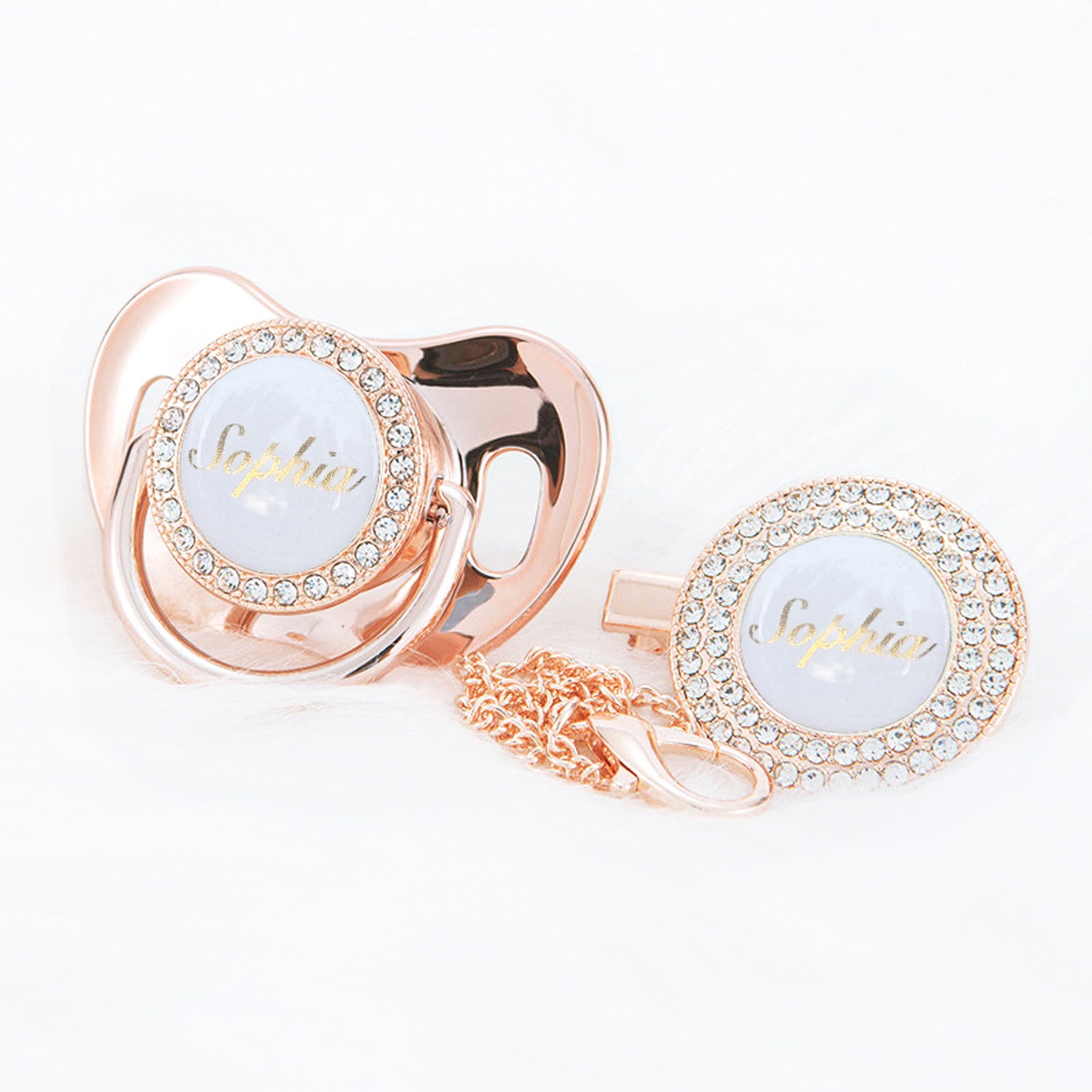 PACIFIER CLIP SET Personalized with Name, Custom Dummy, Rose Gold