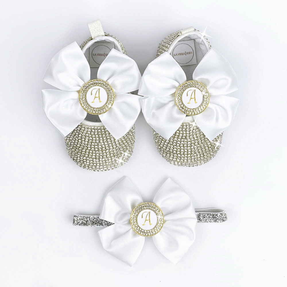 Baby girl shoes with personalized initial, custom headband (add) - white