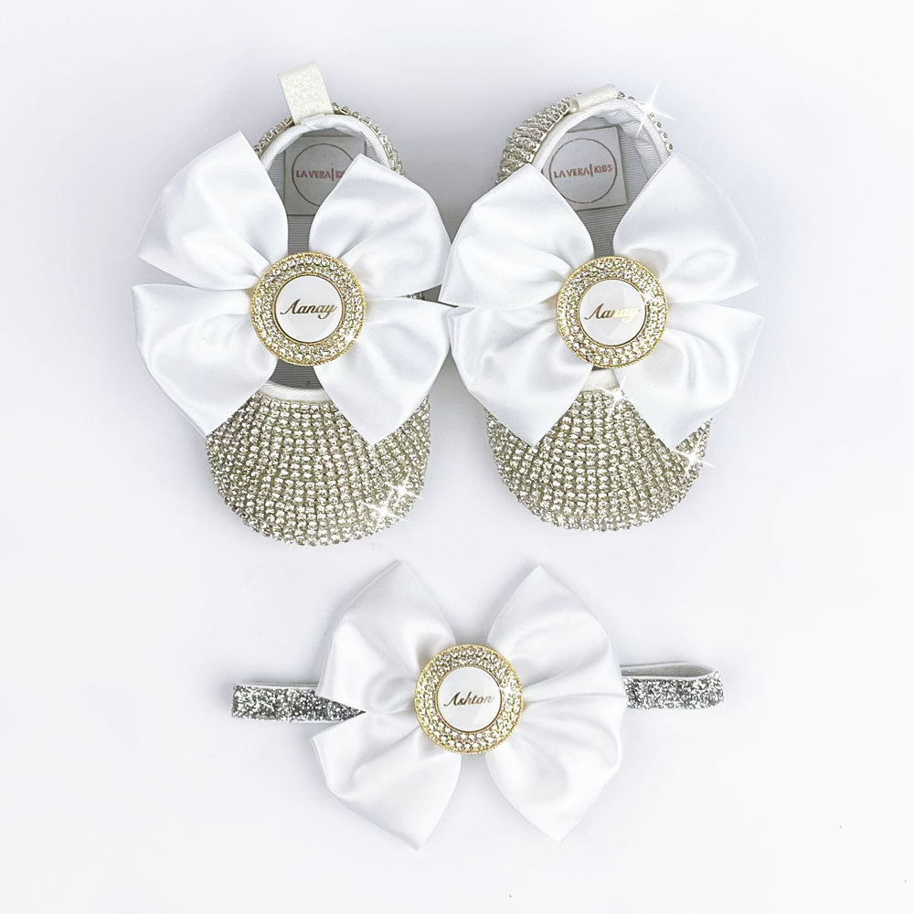 Baby shoes with personalized name, custom headband (add) - white