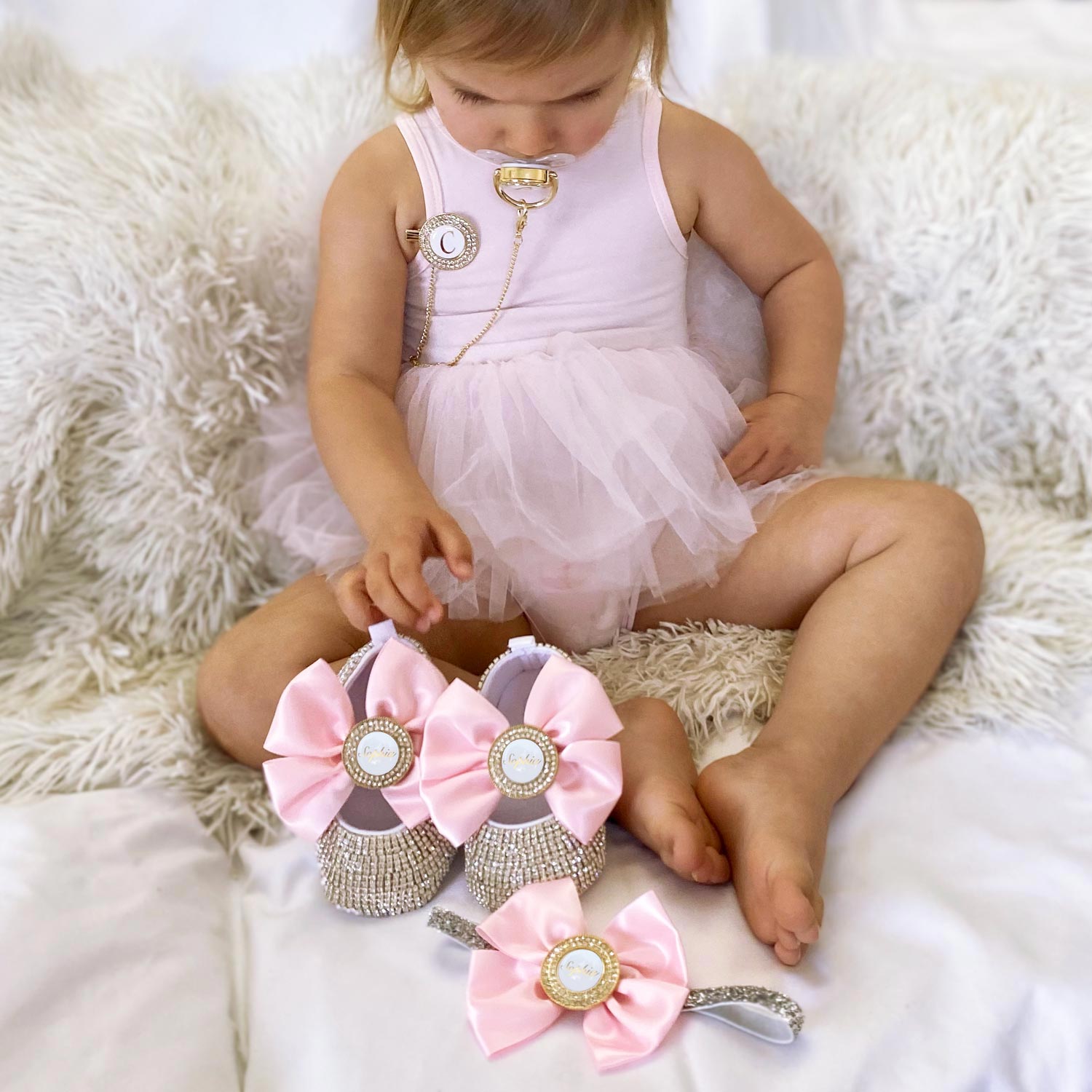 Personalized baby shoes with name, custom headband (add) - pink