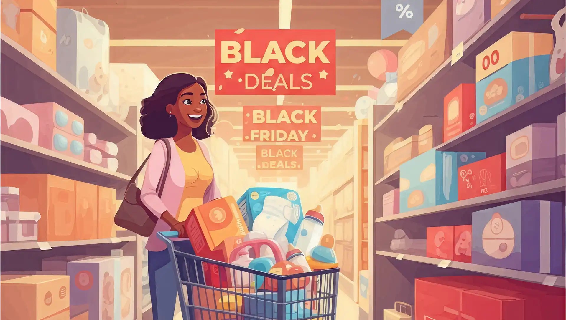 Mom with shopping cart full of baby gifts Black Friday sales