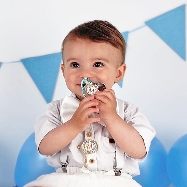 PACIFIER & CLIP SET Baby Personalized with Initial, Custom Dummy Metallic Blue