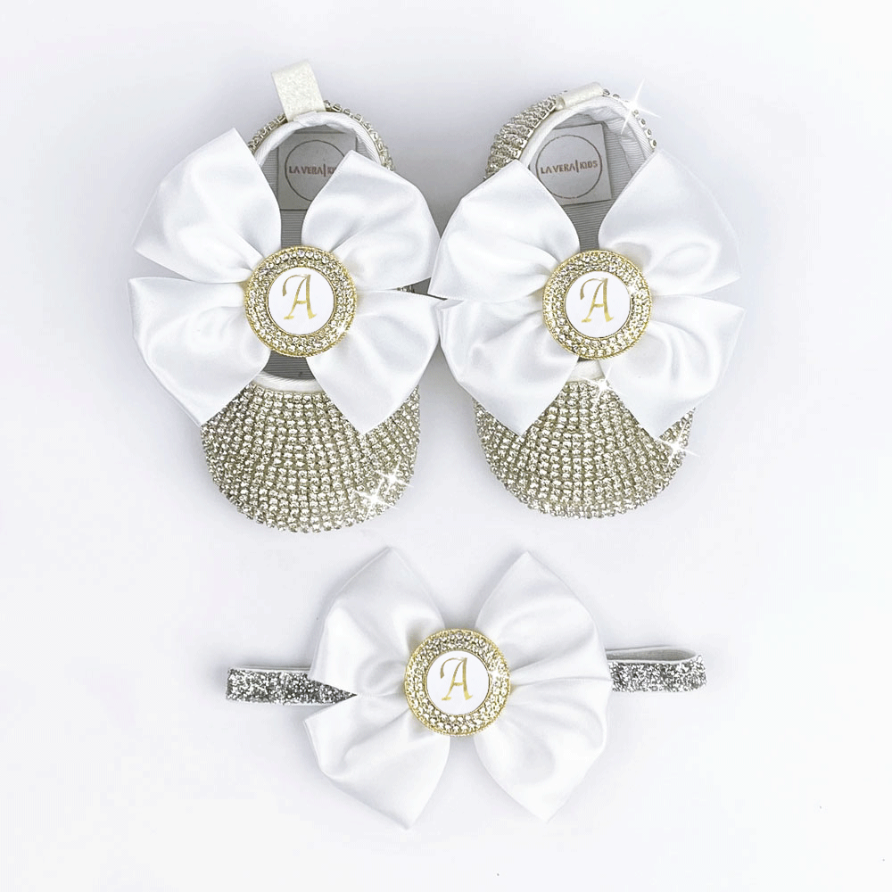 Personalized baby shoes with initial, custom headband (add-on), newborn gift - white