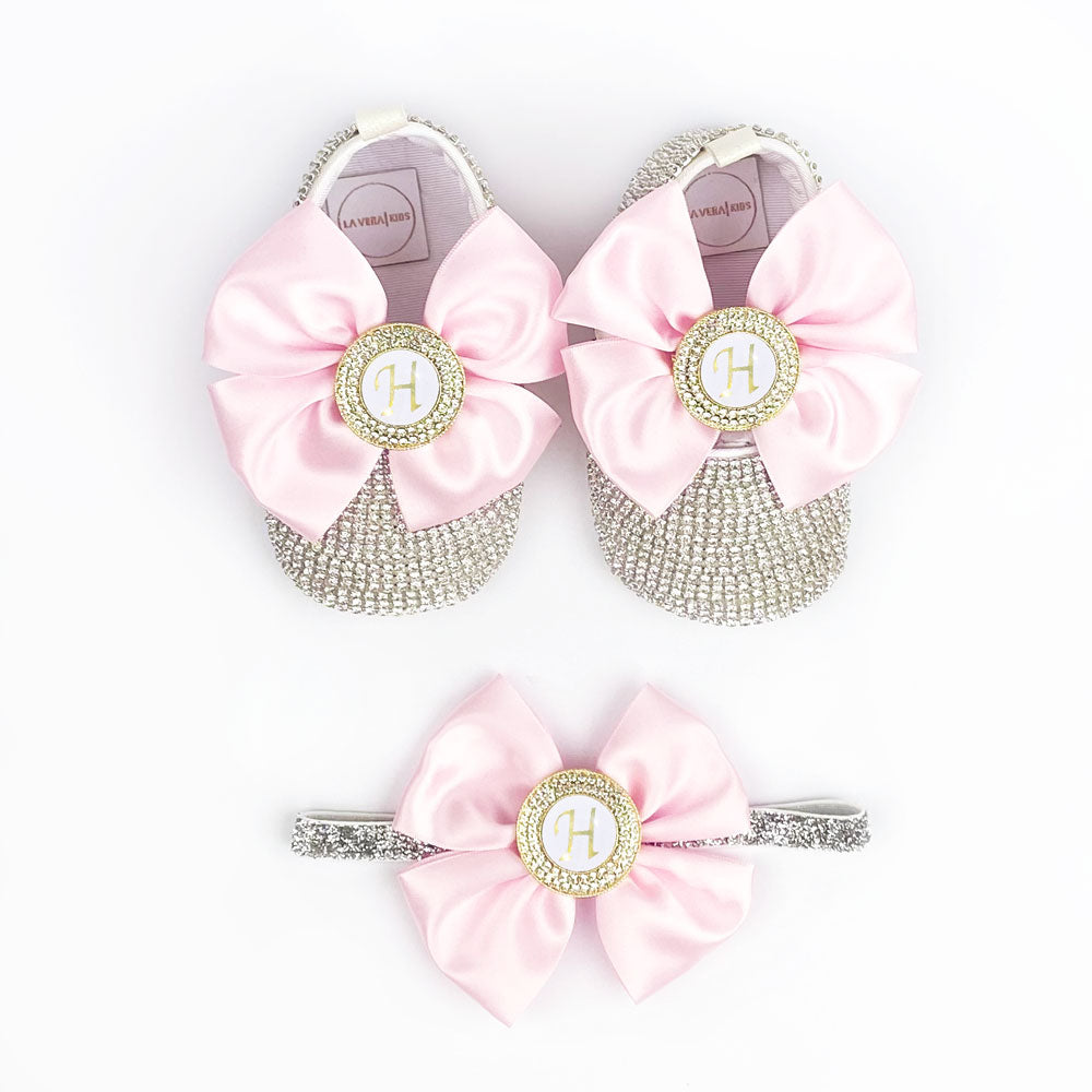 Personalized baby shoes with initial, custom headband (add-on) - pink