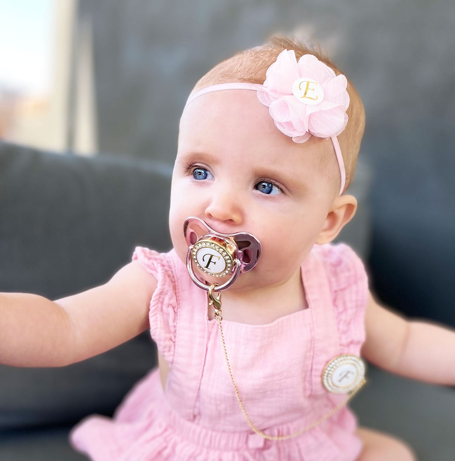 PACIFIER & CLIP SET Personalized with Name, Custom Dummy, 1st Birthday, Metallic Pink