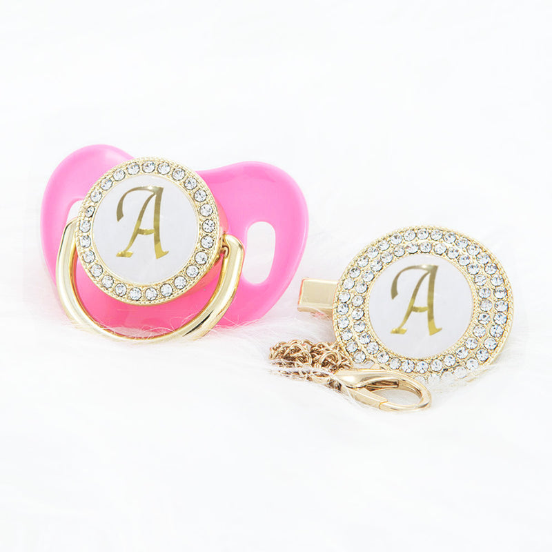 PACIFIER & CLIP SET Personalized with Initial, Custom Dummy, Pink