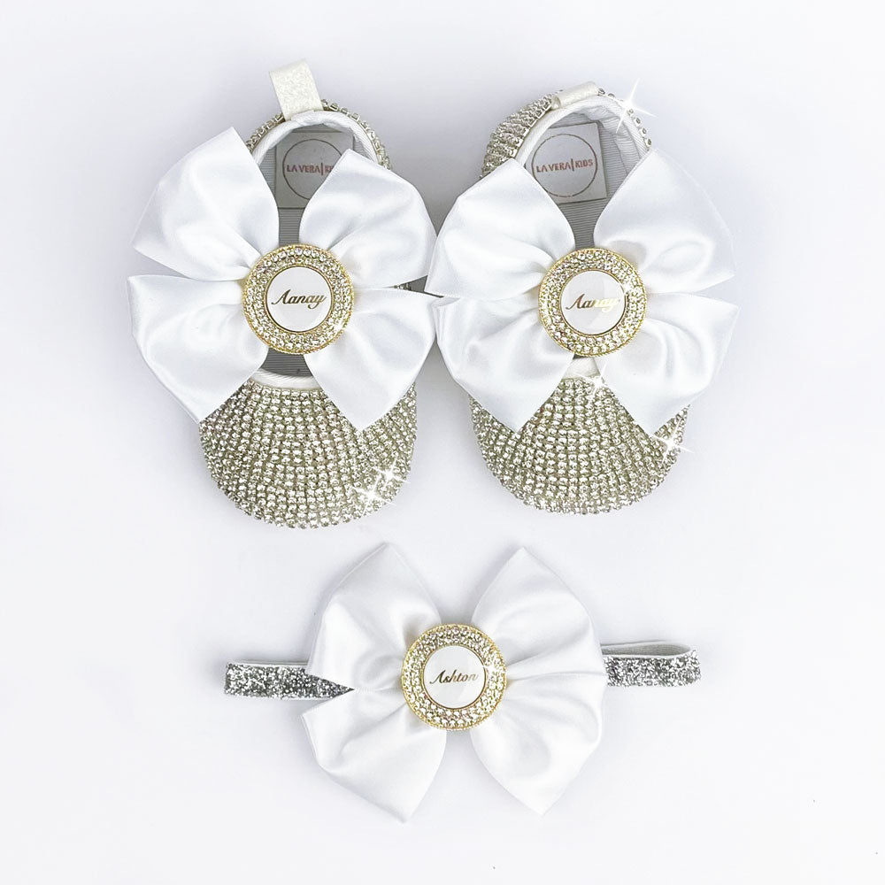 Personalized baby shoes with name, custom headband (add-on), newborn gift - white