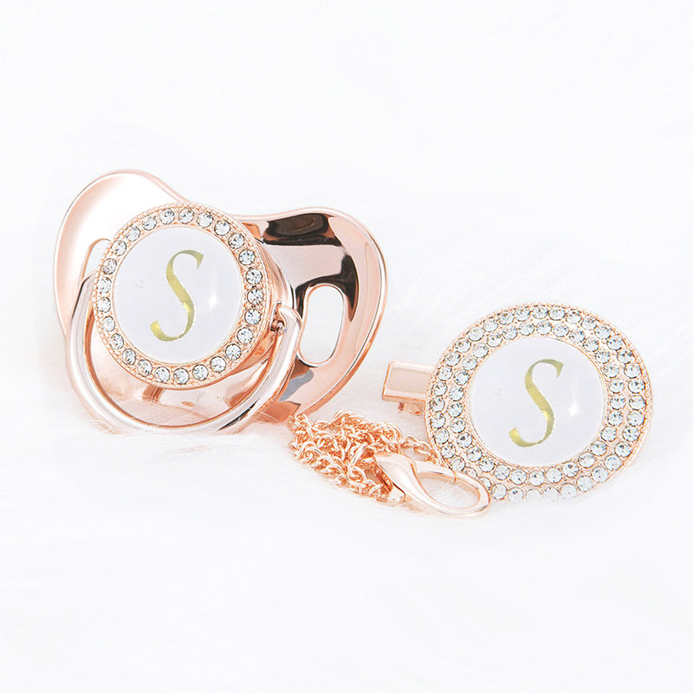 PACIFIER & CLIP SET Personalized with Initial, Custom Personalised Dummy, Newborn Gift - Rose Gold